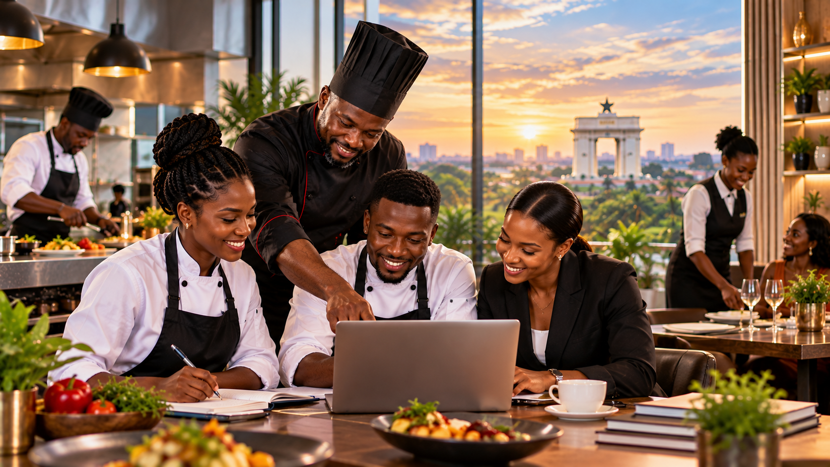Ghanaian hospitality professionals collaborating and building industry connections